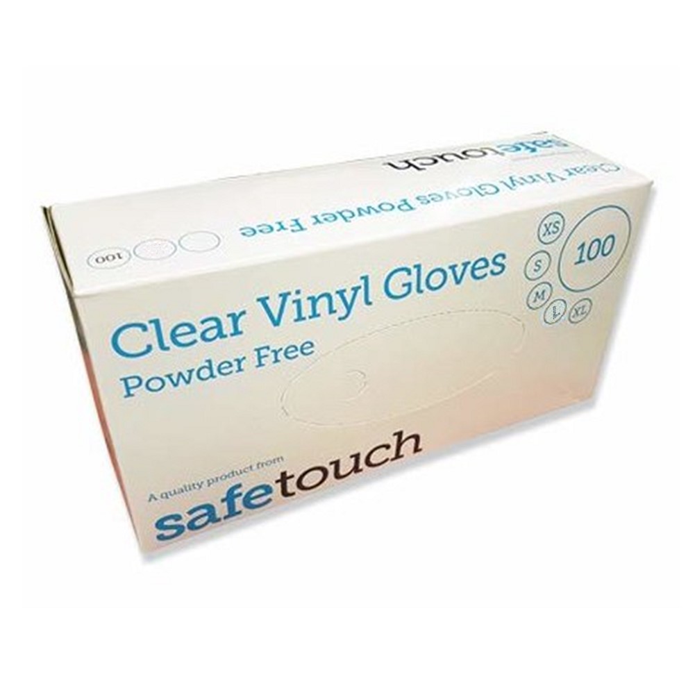 SafeTouch Gloves Clear Vinyl [Powder Free] box 100 MEDIUM gloves Go